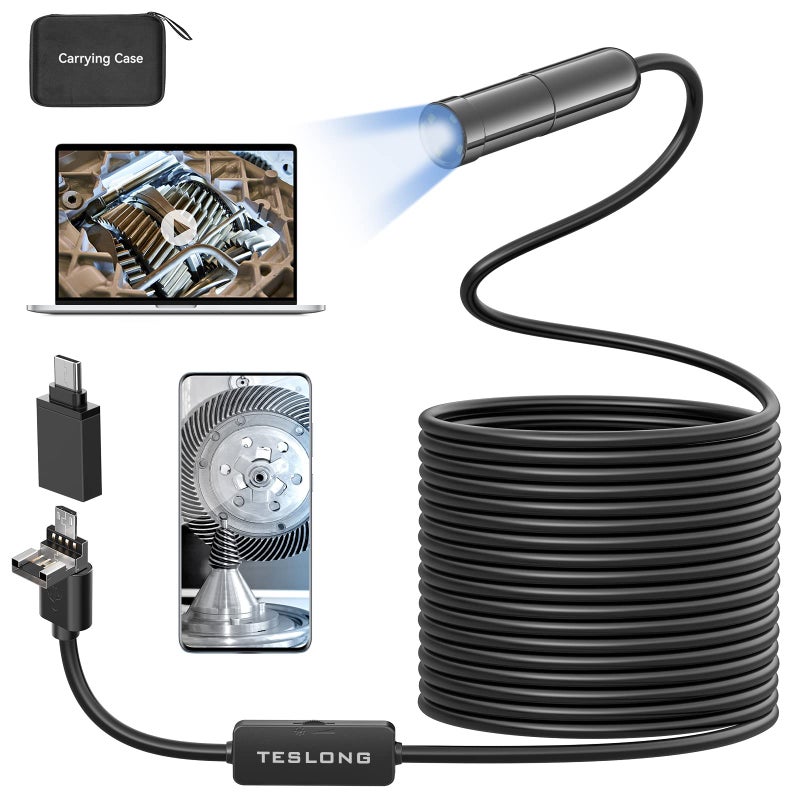 Teslong منظار داخلي بدقة 5 ميجابكسل مع تركيز تلقائي، جهاز تسلونغ من الجيل الثالث USB بوري سكوبي مع كاميرا تفتيش بدقة 5.0 ميجابكسل، كابل شبه صلب مقاوم للماء بطول 16.5 قدم وضوء LED قابل للتعديل لهاتف أندرويد وويندوز ماك بوك - Image 1
