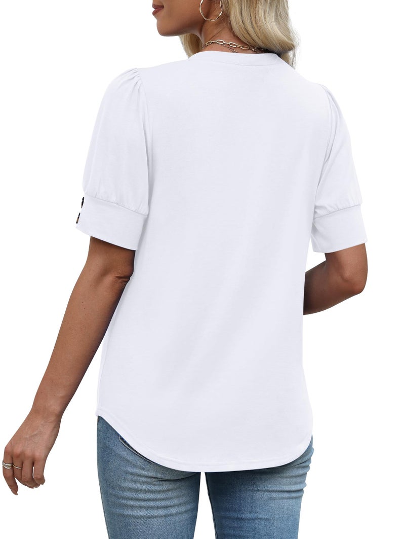 OFEEFAN Womens Tops Short Sleeve Shirts with Buttons Spring Fashion Summer Outfits Plus Size White Blouses Dressy Casual Travel Cruise Essentials L - Image 5