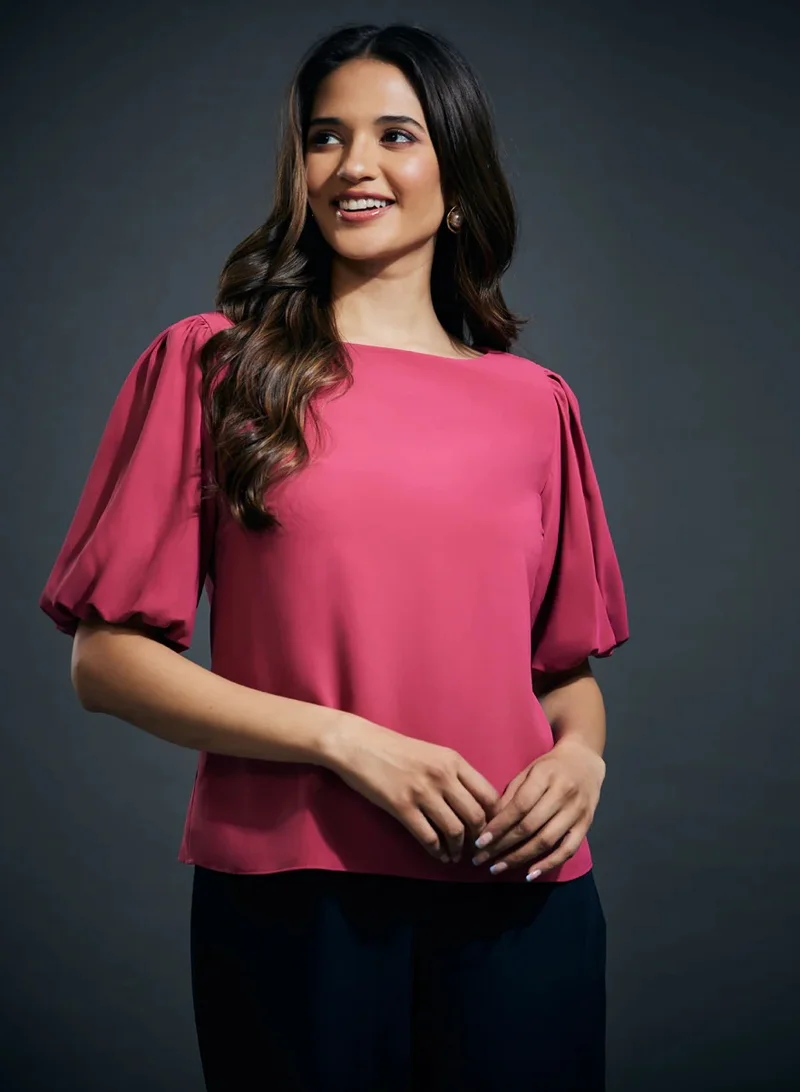 Zigzag Wide Neck Solid Chiffons Formal Top- Pink