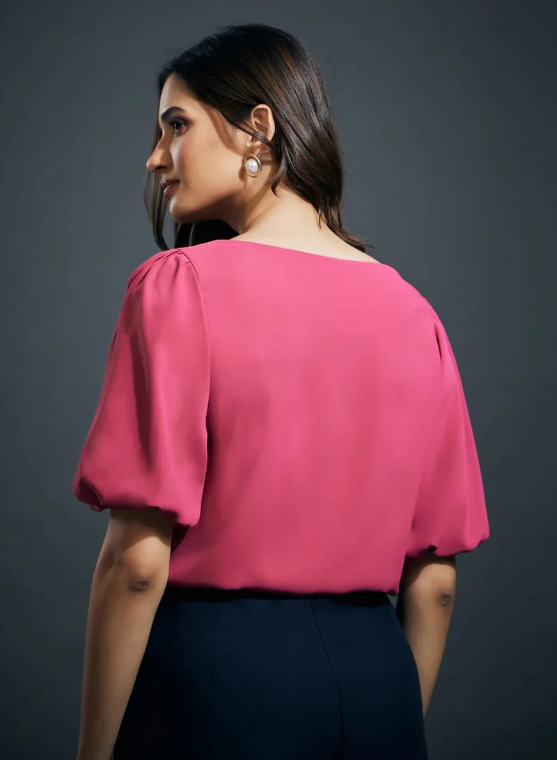 Zigzag Wide Neck Solid Chiffons Formal Top- Pink
