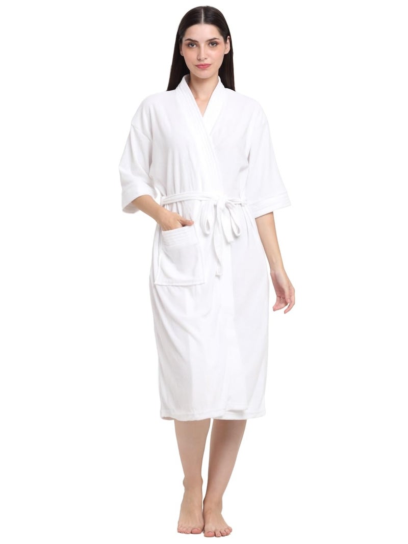 CREEVA Everyday Unisex Micro Terry Bathrobe Collection With kimono collar and 1 Pocket, 3/4 Sleeve Bath Robe Super Soft Light Weight - White - Image 1