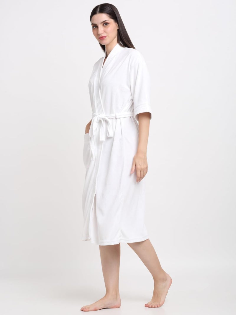CREEVA Everyday Unisex Micro Terry Bathrobe Collection With kimono collar and 1 Pocket, 3/4 Sleeve Bath Robe Super Soft Light Weight - White - Image 2
