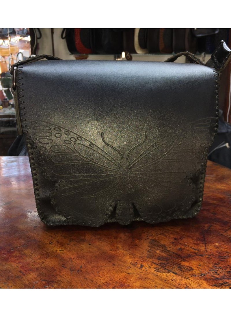 Handmade natural leather cross bag in the shape of a butterfly  Medium size) 3 zippers 1 inside, back and front Shiny thread Velvet lining Belt handle (Distinctive and unique hand-made work for special people)  - Image 1
