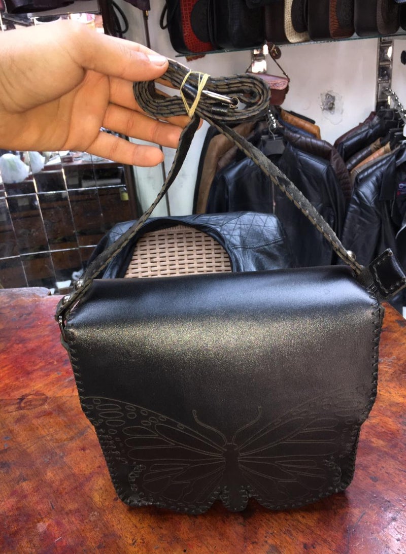 Handmade natural leather cross bag in the shape of a butterfly  Medium size) 3 zippers 1 inside, back and front Shiny thread Velvet lining Belt handle (Distinctive and unique hand-made work for special people)  - Image 3
