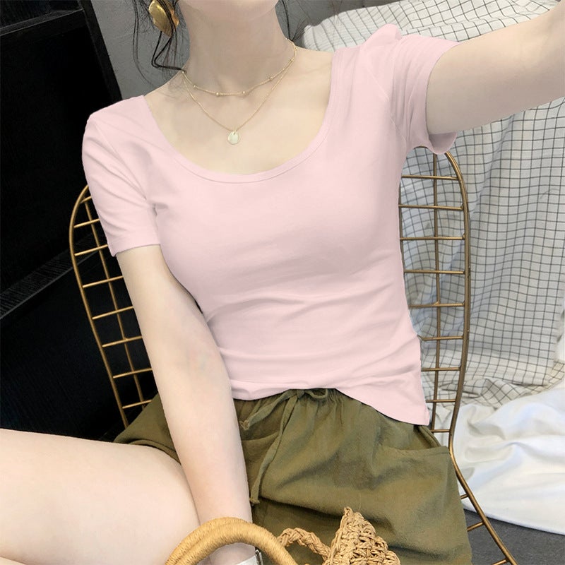 White Short-sleeved T-shirt Womens Summer Solid Color Slim-fit Small Round Neck Womens Korean Base Half-sleeved Top Refreshing T-shirt for Women Lotus root starch 