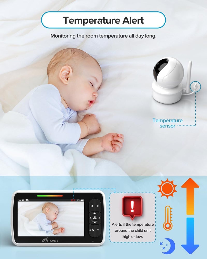 iFamily مراقب الأطفال iFamily بشاشة كبيرة 5 ببطارية تدوم 30 ساعة مع تحكم عن بعد بانTiltZoom بدون واي فاي صوت ثنائي الاتجاه رؤية ليلية درجة حرارة أغاني مهدئة 960 قدم مدى بعيد لمراقب الأطفال مع كاميرا وصوت - Image 5