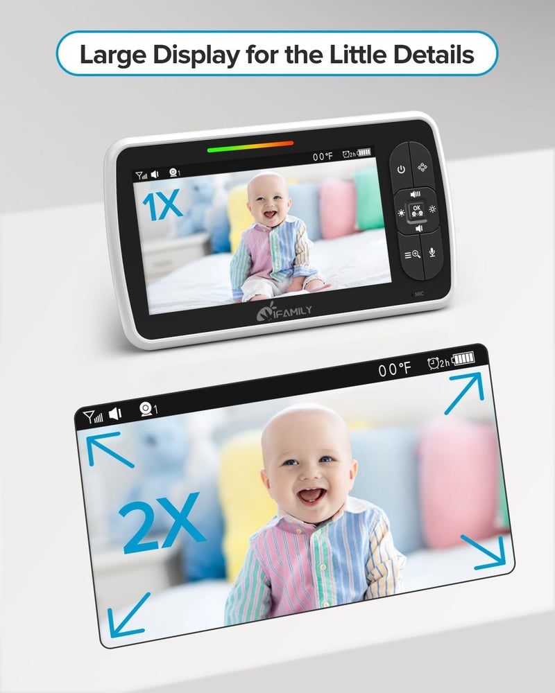 iFamily مراقب الأطفال iFamily بشاشة كبيرة 5 ببطارية تدوم 30 ساعة مع تحكم عن بعد بانTiltZoom بدون واي فاي صوت ثنائي الاتجاه رؤية ليلية درجة حرارة أغاني مهدئة 960 قدم مدى بعيد لمراقب الأطفال مع كاميرا وصوت - Image 3
