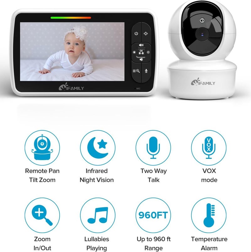 iFamily مراقب الأطفال iFamily بشاشة كبيرة 5 ببطارية تدوم 30 ساعة مع تحكم عن بعد بانTiltZoom بدون واي فاي صوت ثنائي الاتجاه رؤية ليلية درجة حرارة أغاني مهدئة 960 قدم مدى بعيد لمراقب الأطفال مع كاميرا وصوت - Image 2