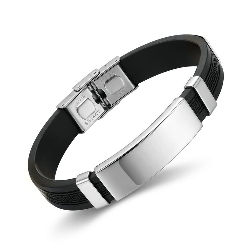 A luxurious men's bracelet, combining the durability of silicone with the purity of stainless steel. Featuring a central silver piece and a modern design with a captivating geometric pattern, it's perfect for a striking look. - Image 1
