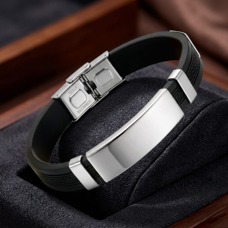A luxurious men's bracelet, combining the durability of silicone with the purity of stainless steel. Featuring a central silver piece and a modern design with a captivating geometric pattern, it's perfect for a striking look. - Image 5