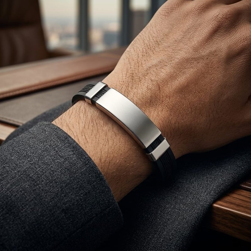 A luxurious men's bracelet, combining the durability of silicone with the purity of stainless steel. Featuring a central silver piece and a modern design with a captivating geometric pattern, it's perfect for a striking look. - Image 3