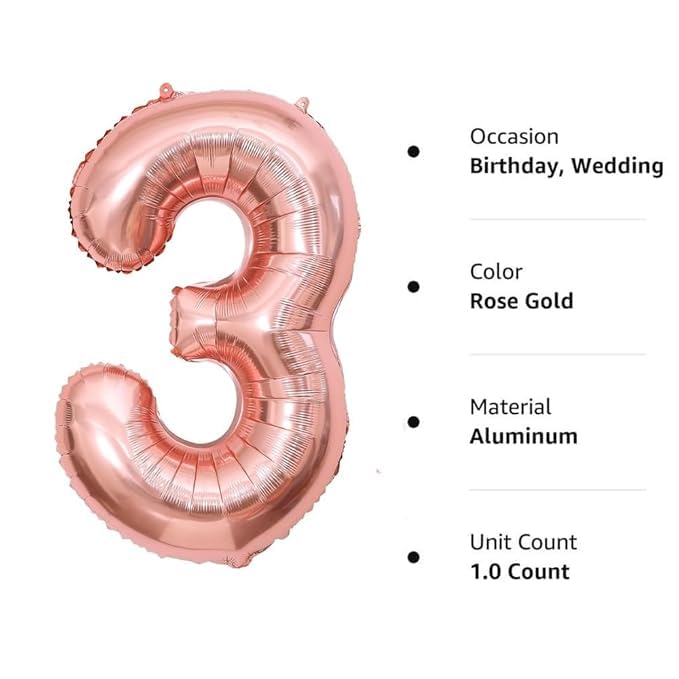 Pop The Party 3 number rose gold Balloon, 3rd Birthday Party Foil Mylar Number Three Balloons for Kid Girl Boy,1 piece - Image 3