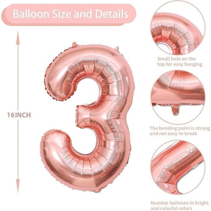 Pop The Party 3 number rose gold Balloon, 3rd Birthday Party Foil Mylar Number Three Balloons for Kid Girl Boy,1 piece - Image 2