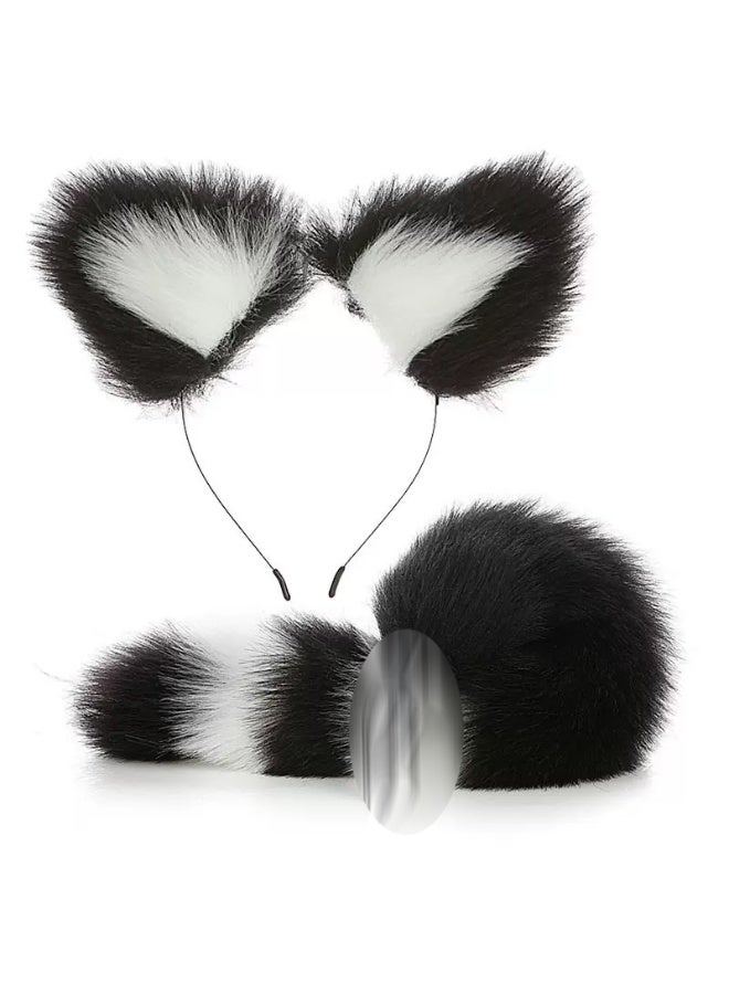 Handmade Soft Fur Cat Ears Headwear Headband and Fox Tail Anime Fancy Dress Party Cosplay Costume
