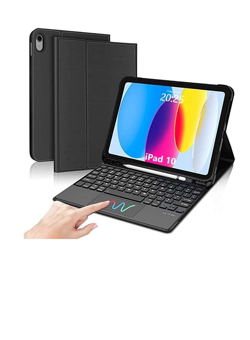حافظة لوحة مفاتيح مع لوحة لمس لجهاز iPad الجيل العاشر، لوحة مفاتيح لجهاز iPad الجيل العاشر 10.9 بوصة، لوحة تتبع ذكية، لاسلكية قابلة للفصل مع حامل أقلام، حامل قلاب أسود - Image 1