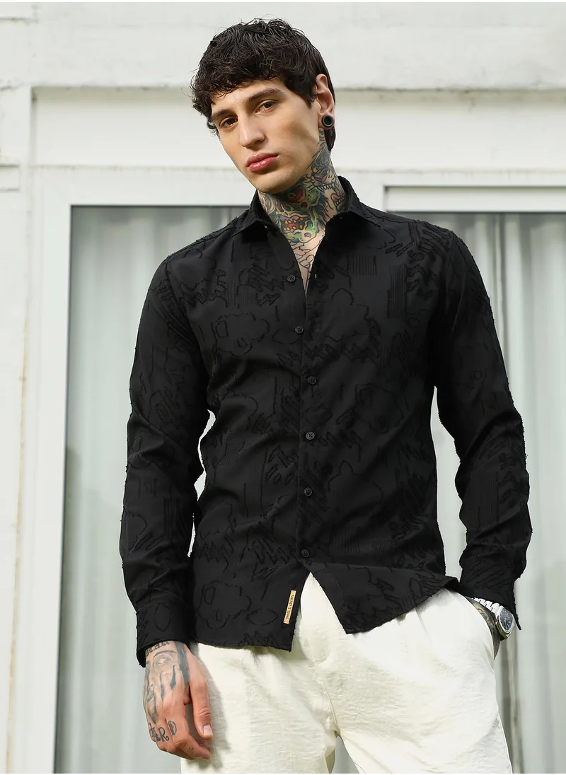 كامبوس سوترا Men's Black Self-Design Cotton Blend Slim Fit Shirt