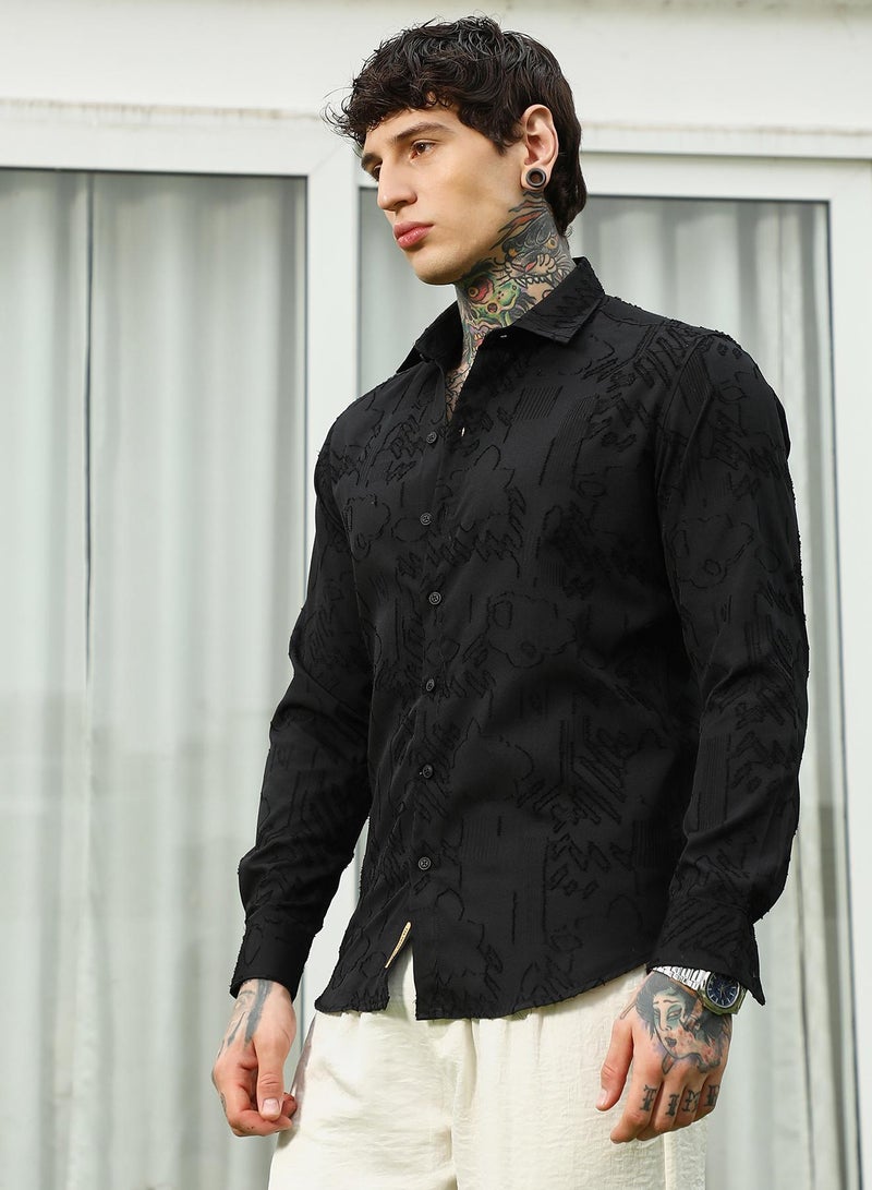 Campus Sutra Men's Black Self-Design Cotton Blend Slim Fit Shirt - Image 3