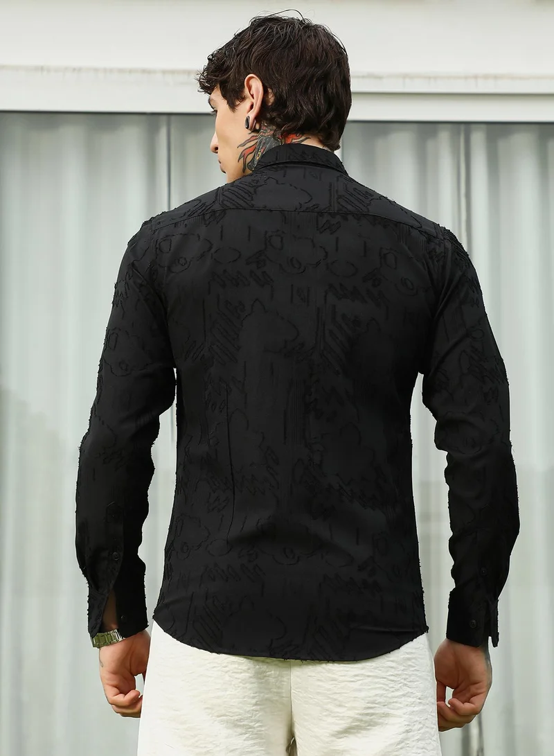 Campus Sutra Men's Black Self-Design Cotton Blend Slim Fit Shirt