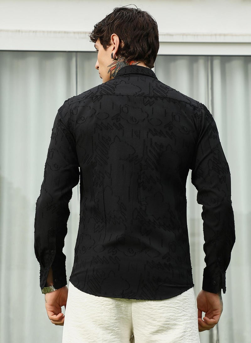 Campus Sutra Men's Black Self-Design Cotton Blend Slim Fit Shirt - Image 5