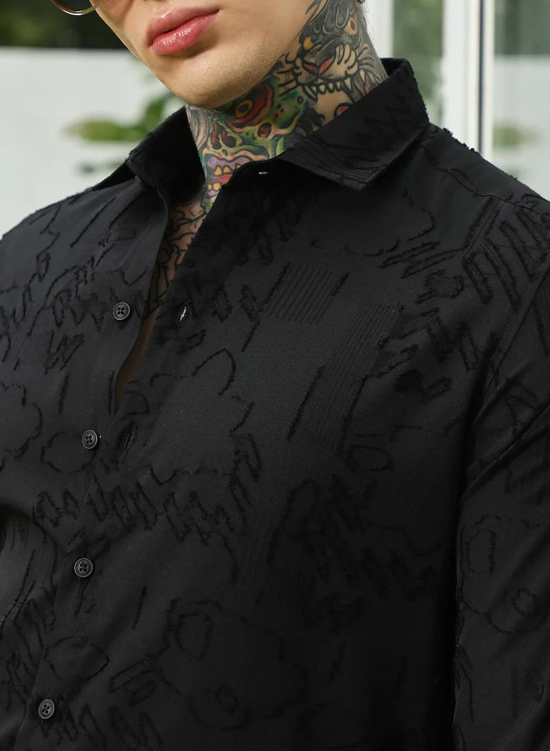 Campus Sutra Men's Black Self-Design Cotton Blend Slim Fit Shirt