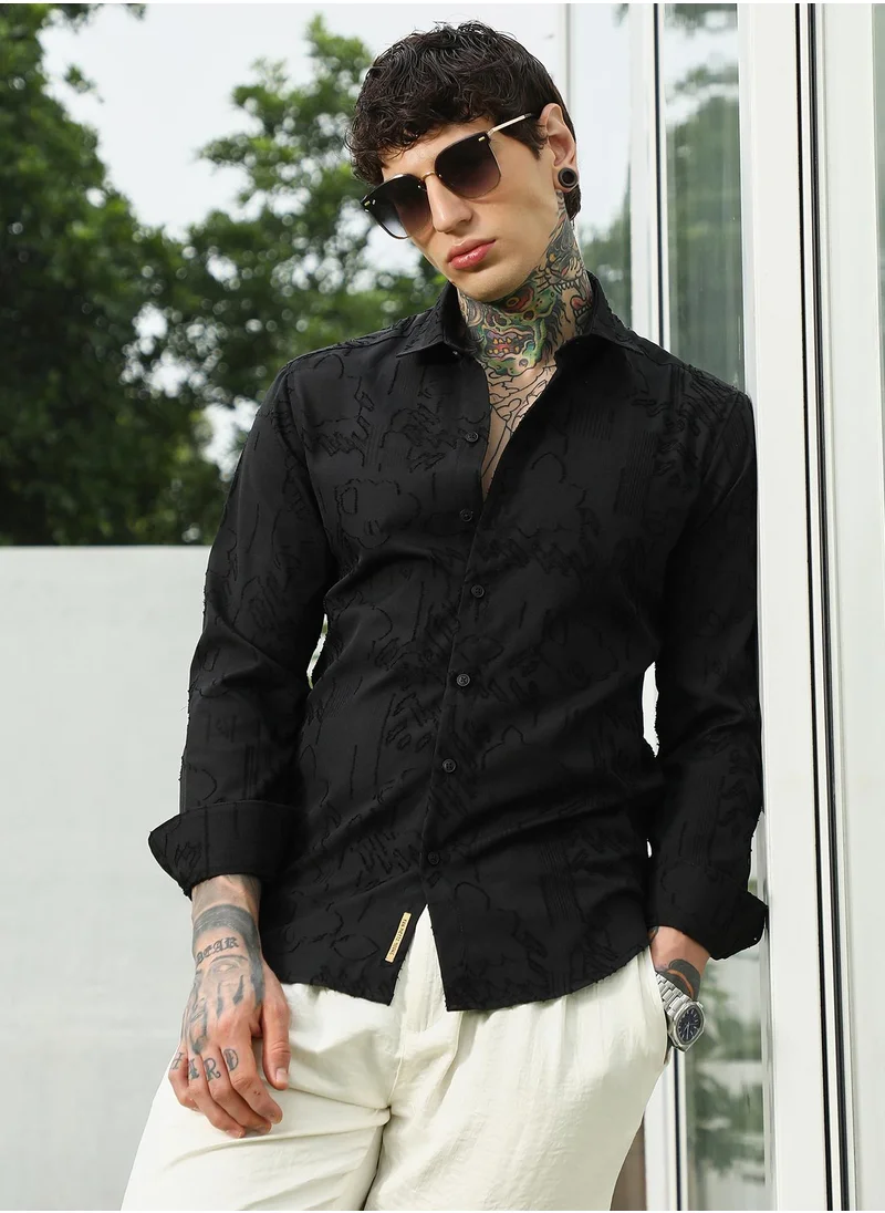 كامبوس سوترا Men's Black Self-Design Cotton Blend Slim Fit Shirt