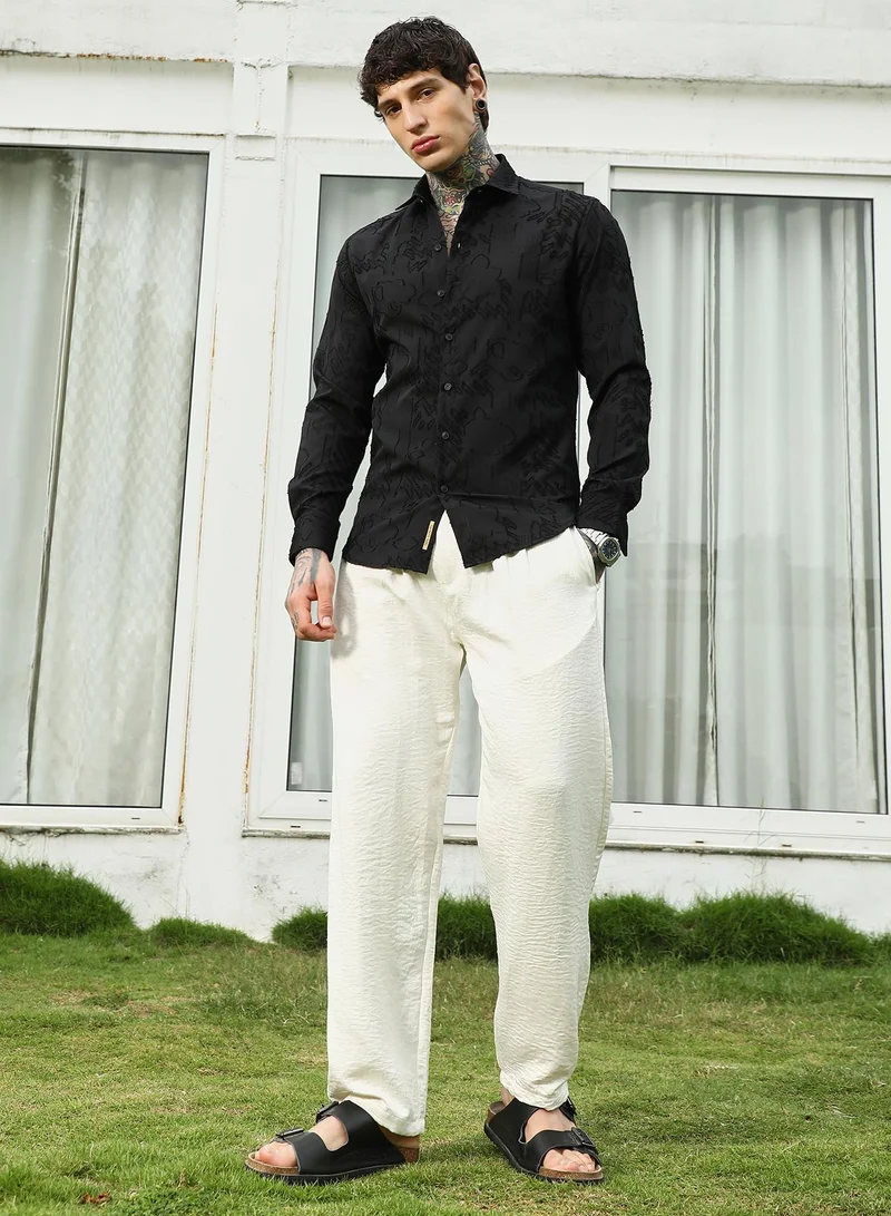 Campus Sutra Men's Black Self-Design Cotton Blend Slim Fit Shirt