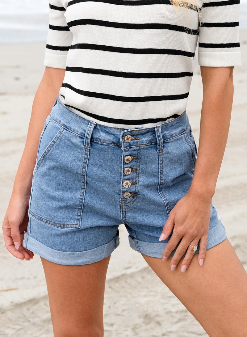 Sidefeel Womens Jean Shorts Summer High Waisted Stretchy Buttoned Folded Hem Denim Shorts Light Blue Size 14 - Image 3