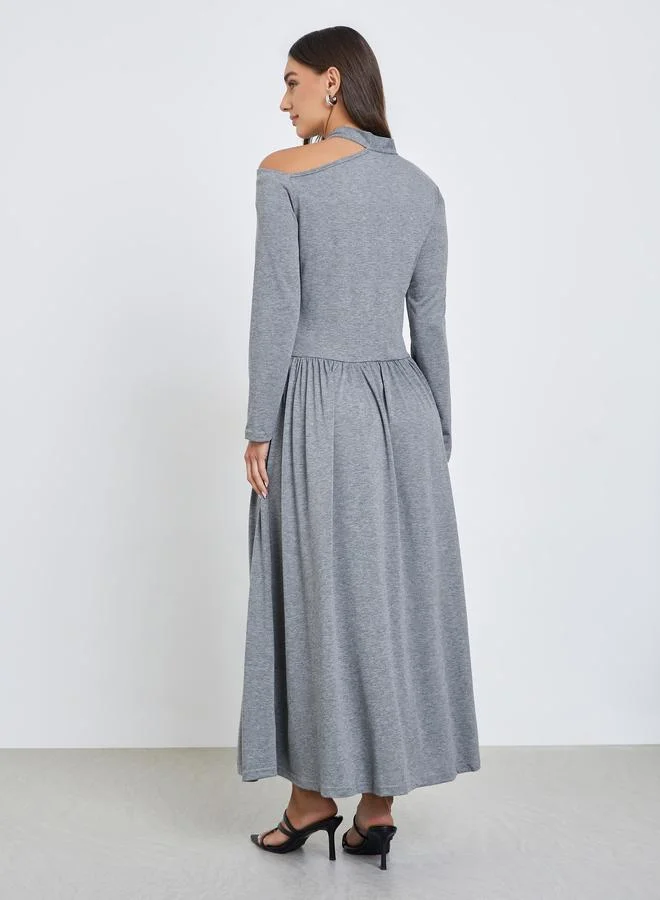 Styli  Grey Solid Tie Neck Long Sleeve Midi Dress for Women | Best Price UAE