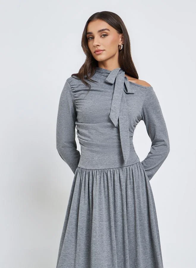 Styli  Grey Solid Tie Neck Long Sleeve Midi Dress for Women | Best Price UAE