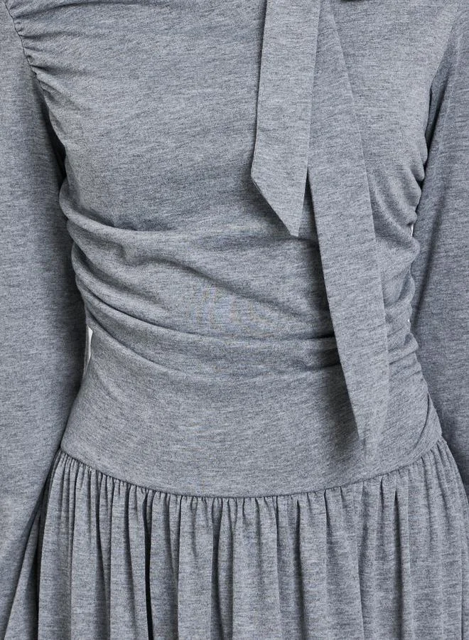 Styli  Grey Solid Tie Neck Long Sleeve Midi Dress for Women | Best Price UAE
