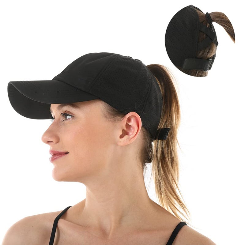 FASHIXD Ponytail Baseball Cap for Women Mesh Quick Dry Baseball Hat with Ponytail Hole (Black) - Image 1