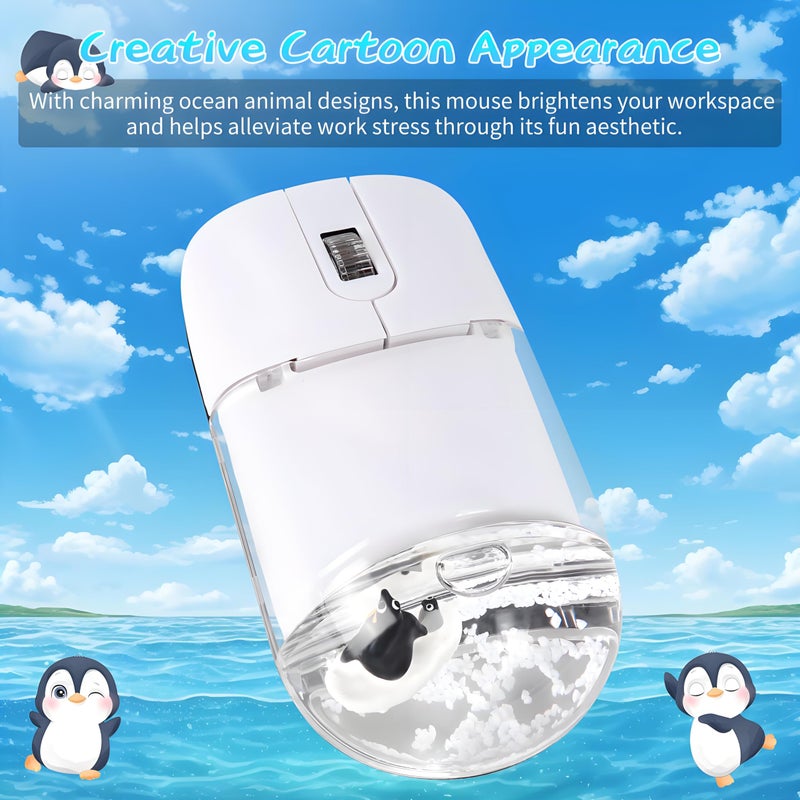 elec Space Wireless Mouse -Cute Clear Aqua Design, Water Mouse with Optical Precision, Silent Clicks, Lightweight & Floating Animal Transparent Retro Style for Home Office, Great for Kids & Adult(Penguin-White) - Image 2