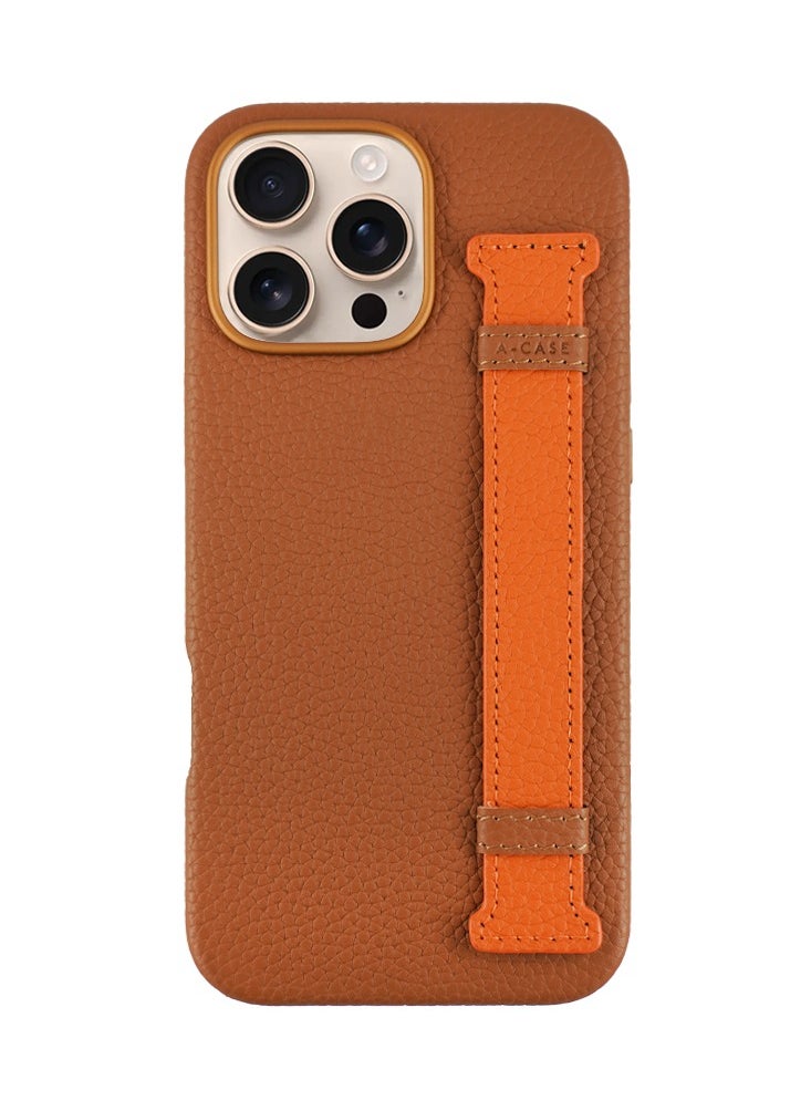A-CASE - A-Case itsmycase Series Amur Pro Made of 100% Genuine Leather in addition to The Strap Used As Stand Compatible with iPhone 16 Pro Max - Brown Orange - Image 1