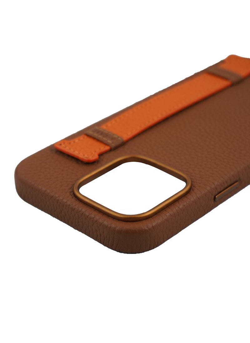 A-CASE - A-Case itsmycase Series Amur Pro Made of 100% Genuine Leather in addition to The Strap Used As Stand Compatible with iPhone 16 Pro Max - Brown Orange - Image 1