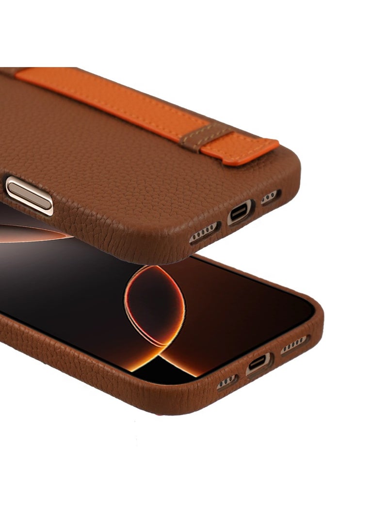 A-CASE - A-Case itsmycase Series Amur Pro Made of 100% Genuine Leather in addition to The Strap Used As Stand Compatible with iPhone 16 Pro Max - Brown Orange - Image 1