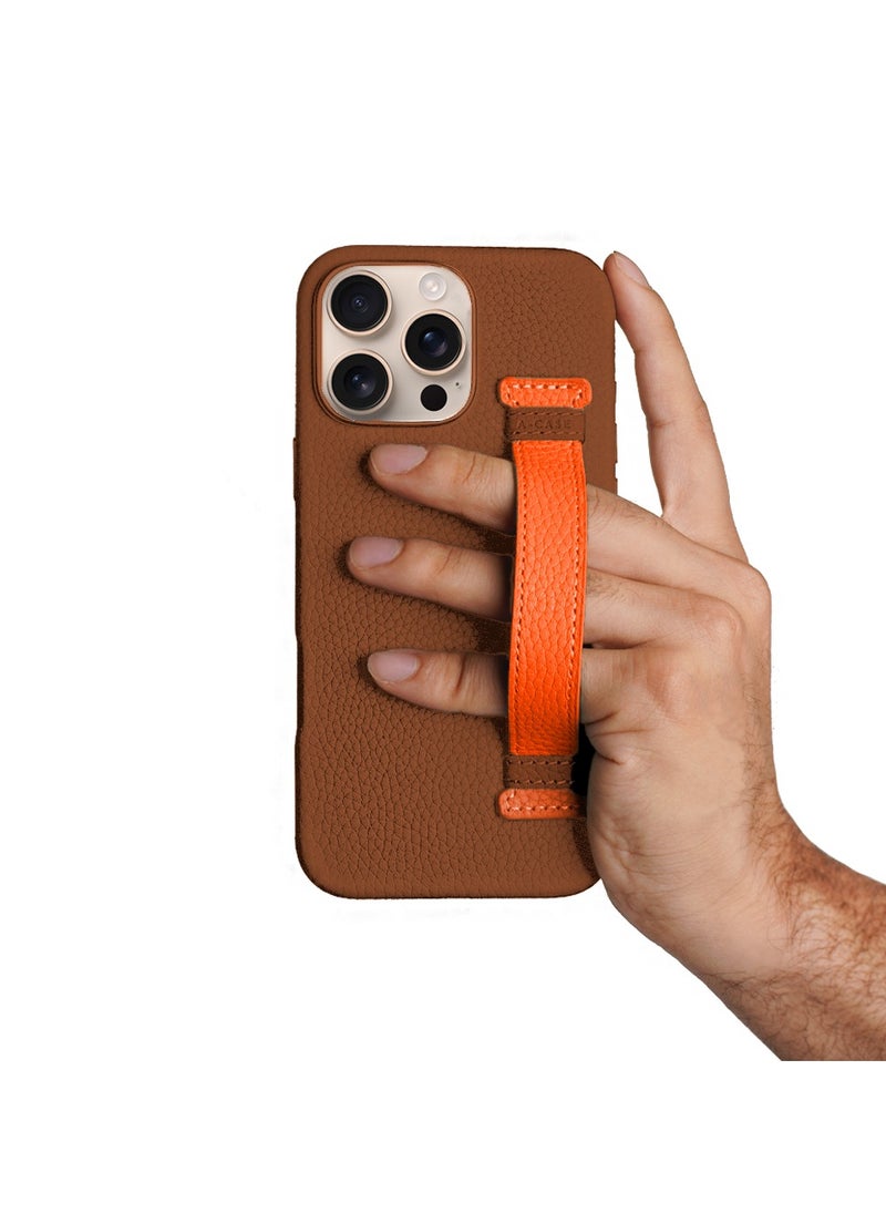 A-CASE - A-Case itsmycase Series Amur Pro Made of 100% Genuine Leather in addition to The Strap Used As Stand Compatible with iPhone 16 Pro Max - Brown Orange - Image 1