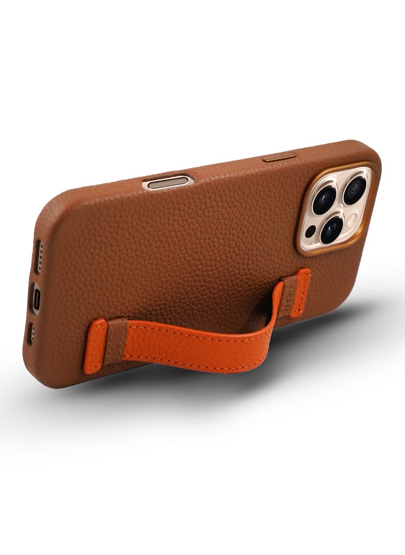 A-CASE - A-Case itsmycase Series Amur Pro Made of 100% Genuine Leather in addition to The Strap Used As Stand Compatible with iPhone 16 Pro Max - Brown Orange - Image 1