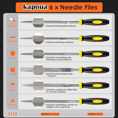 kapoua 6-Piece Metal Needle File Set - Hardened Alloy Steel Includes Flat, Warding, Square, Triangular, Round, and Half-Round Files - Image 2