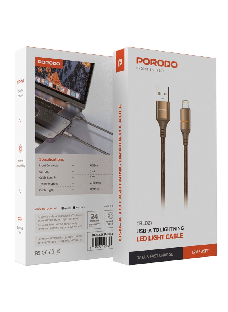 porodo USB-A to Lightning Cable 1.2m with LED Light / Universal Compatibility / Durable Braided Wire / High Speed Transfer and Charging - Desert Titanium  - Image 2