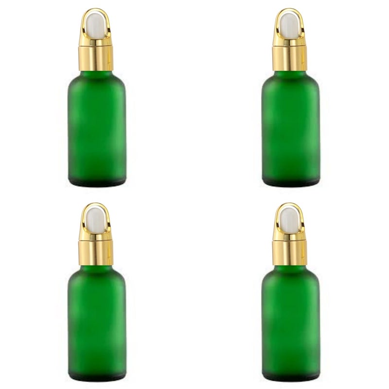 Devinez (Pack of 4) Multipurpose Refillable Green Color Frost Round Glass Bottle, 30 ml with Fancy Golden Glass Dropper for Cosmetics, Serum, Essential Oils, Blends, Skin Care, Travel, Toners & DIY - Image 1