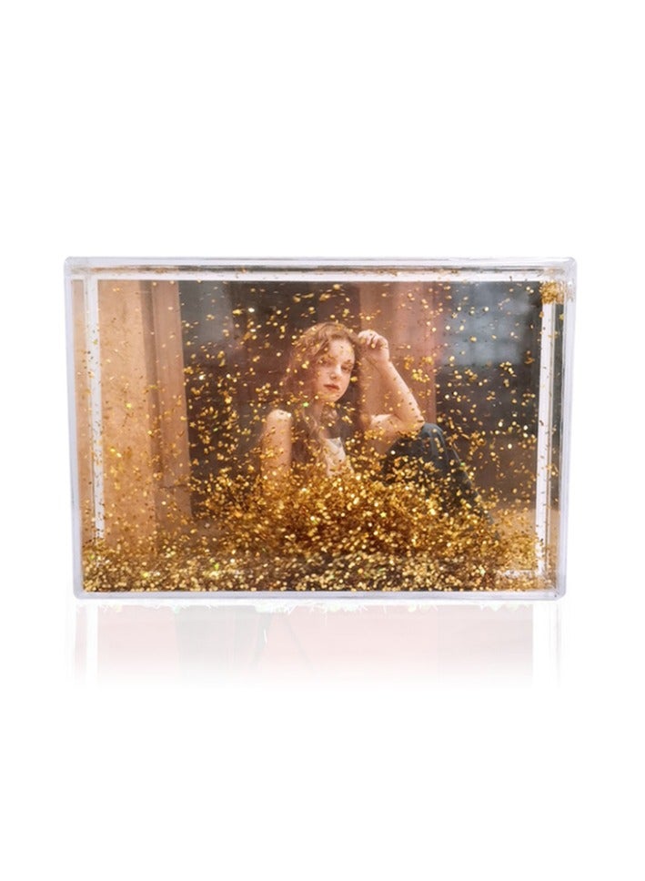 Kalon Acrylic Glitter Photo Frame – 4x6” Floating Picture Block with Gold Hexagon Sparkle, Shake-to-Sparkle Effect, Freestanding Desktop Display - Image 1