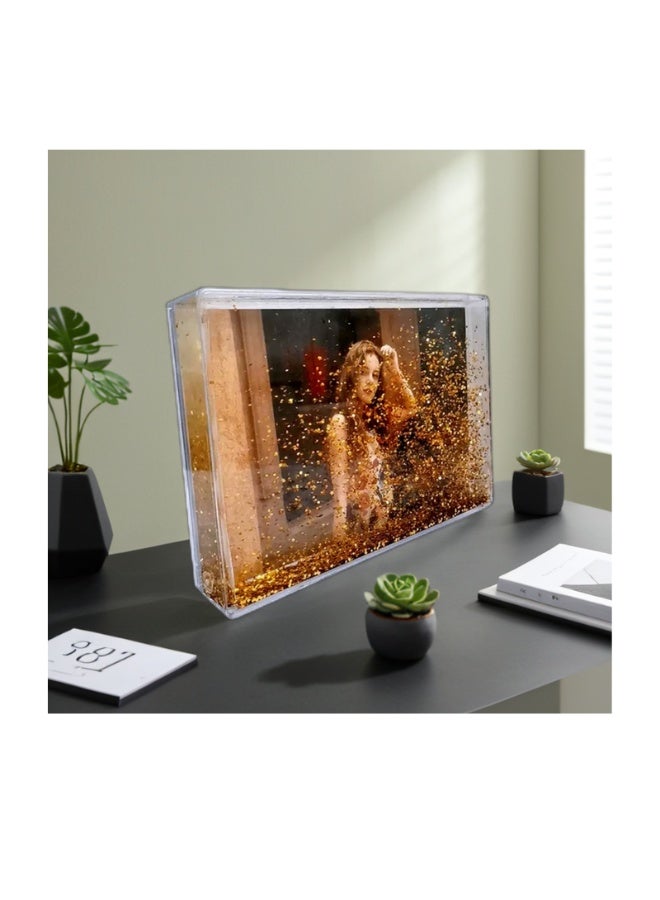 Kalon Acrylic Glitter Photo Frame – 4x6” Floating Picture Block with Gold Hexagon Sparkle, Shake-to-Sparkle Effect, Freestanding Desktop Display - Image 2