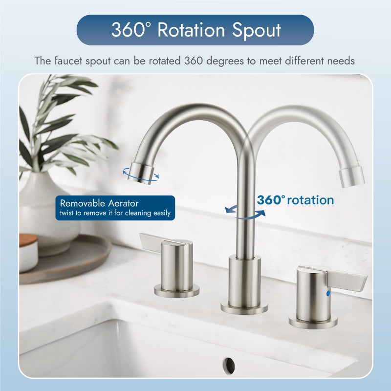 Cinwiny Bathroom Sink Faucet 3 Hole, 8 Inch Widespread Bathroom Sink Faucet with 2 Handles, Pop-up Drain & Hair Catcher Included for Vanity RV Farmhouse Sink, Brushed Nickel - Image 4