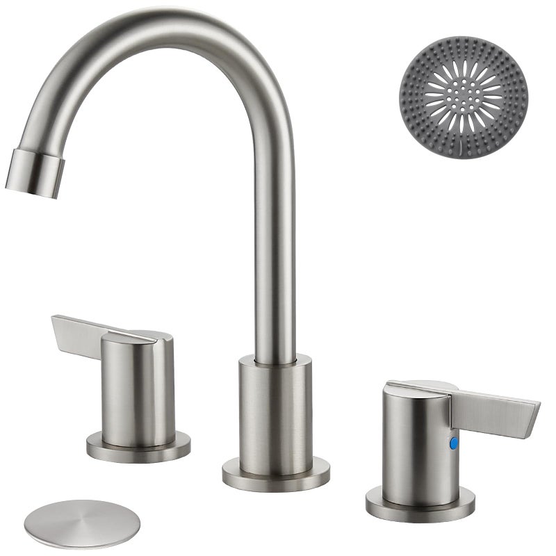 Cinwiny Bathroom Sink Faucet 3 Hole, 8 Inch Widespread Bathroom Sink Faucet with 2 Handles, Pop-up Drain & Hair Catcher Included for Vanity RV Farmhouse Sink, Brushed Nickel - Image 1