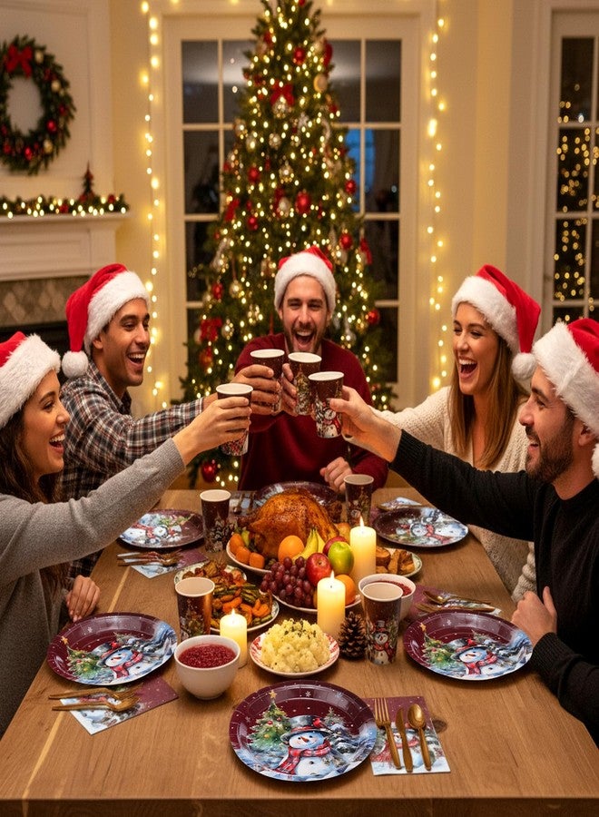 Hsei 350 Pcs Christmas Party Supplies Holiday Christmas Trees Balls Snowman Pine Cones Party Tableware Set Disposable Plates Napkins Paper Cups Plastic Cutlery for Xmas Serves 50(Xmas Snowman) - Image 3