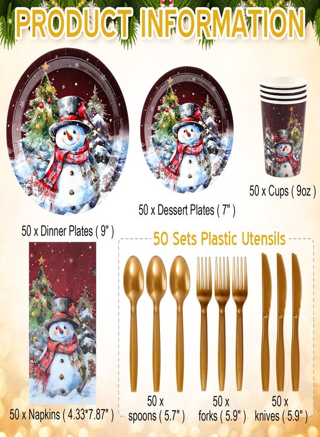 Hsei 350 Pcs Christmas Party Supplies Holiday Christmas Trees Balls Snowman Pine Cones Party Tableware Set Disposable Plates Napkins Paper Cups Plastic Cutlery for Xmas Serves 50(Xmas Snowman) - Image 2