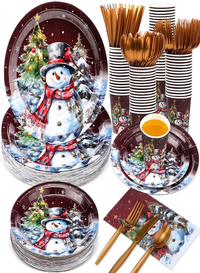 Hsei 350 Pcs Christmas Party Supplies Holiday Christmas Trees Balls Snowman Pine Cones Party Tableware Set Disposable Plates Napkins Paper Cups Plastic Cutlery for Xmas Serves 50(Xmas Snowman) - Image 1