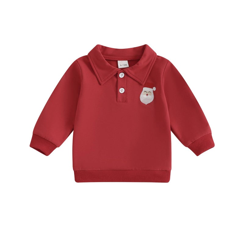 Amnnchya Toddler Baby Boy Girl Christmas Sweatshirt Santa Claus Embroidery Long Sleeve Button Shirt Fall Winter Outfit Red 34 Years - Image 2