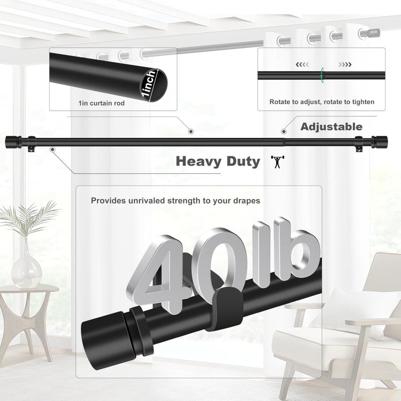 Ottsuls Curtain Rods for Windows, 32 to 46 or 58 Inches Max Adjustable Length, 1 Inch Diameter, Black Decorative Curtain Rod Set, Rustproof Heavy Duty Metal Pole with Brackets - Image 2