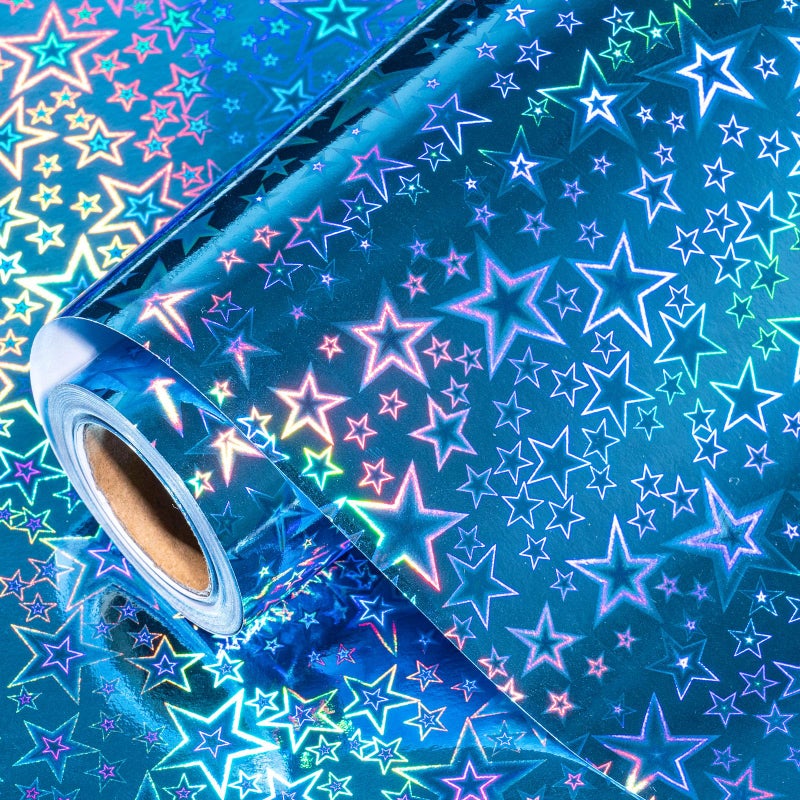 LeZakaa Blue Holographic Wrapping Paper Roll, Metallic Shiny Star Pattern, for Christmas Eve, Holiday Season, for Birthday, Wedding, Baby Shower, Valentines, Graduation, Mini Roll, 17 in x 32.8 Ft - Image 1